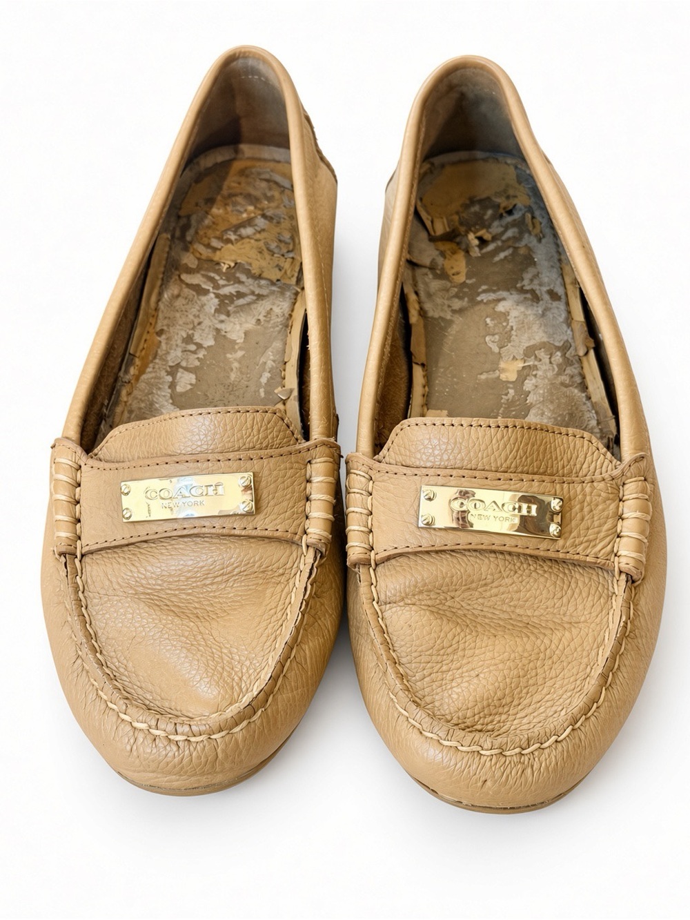 Coach Fredrica Tan Pebbled Leather Driving Loafers 7.5B Gold Plaque A5175